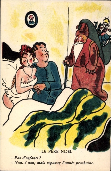 Ak Liebespaar im Bett, Weihnachtsmann, Geschenke, Humor