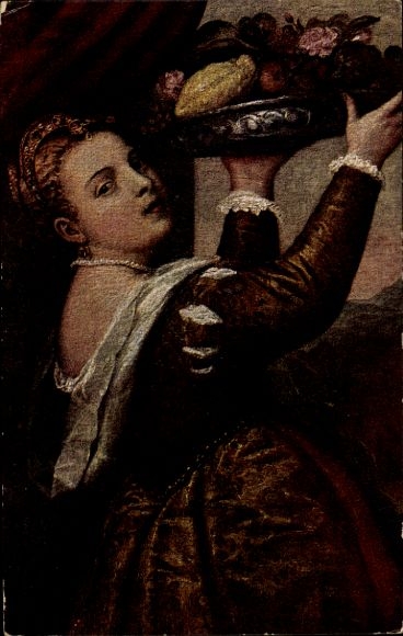 Artist Postcard Titian, Lavinia, Woman with Fruit Platter