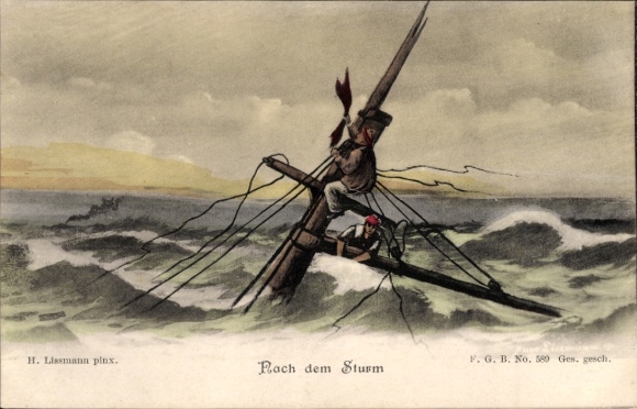Artist Postcard Lissmann, H., Sea after the storm, ship sinking with sailor on the mast