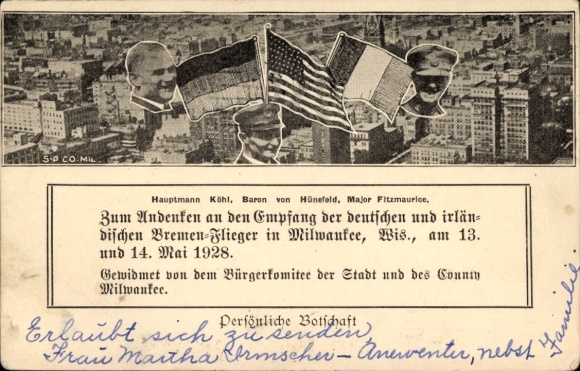 KP Milwaukee Wisconsin, Przyjęcie lotników z Bremy 1928, kapitan Köhl, von Hünefeld, Fitzmaurice