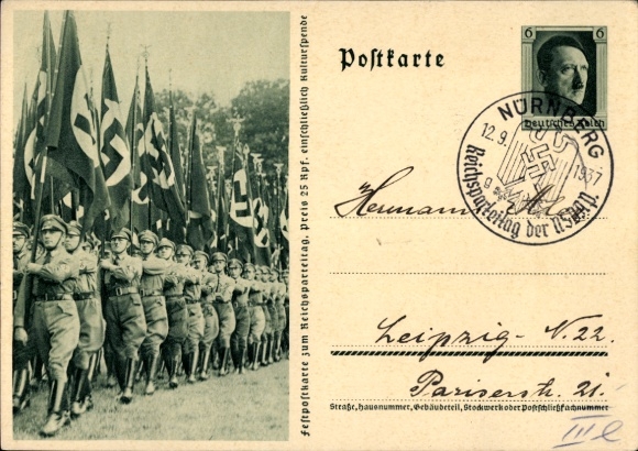Ganzsachen Ak Nürnberg, Reichsparteitag der NSDAP 1937, Marschstaffel Gau Sachsen