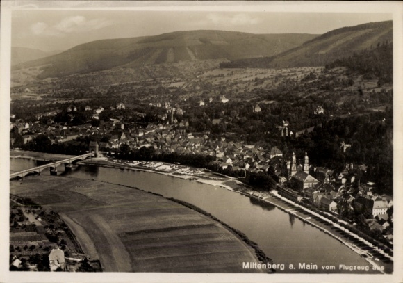 Postcard Miltenberg am Main Lower Franconia, aerial view of the river Main, mountains in the background