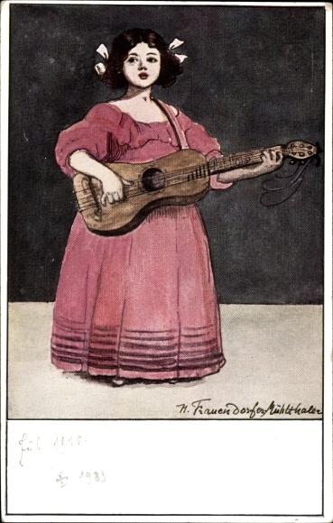 Kunstenaar postwaardestuk ansichtkaart Frauendorfer Mühlthaler, meisje met gitaar, tentoonstelling München 1910