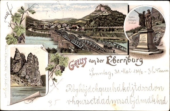 litho Bad Münster am Stein, Ebernburg, Rheingrafenstein, Monument Hutten Sickingen