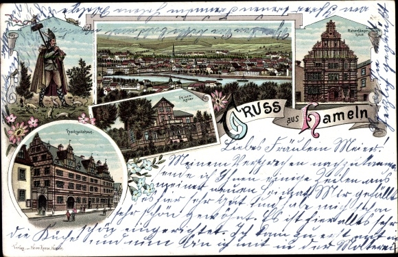 litho Hameln in Nedersaksen, rattenvanger en huis, trouwhuis, rotskelder, totaaloverzicht