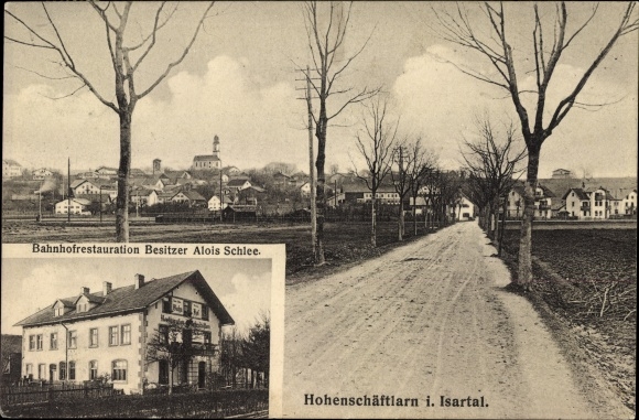 Ansichtkaart Schäftlarn Oberbayern, stationsrestauratie, eigenaar Alois Schlee, een deel van de weg, dorpsgezicht