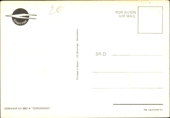 Postcard Spanish passenger aircraft of Spantax, Convair CV 990 A Coronado