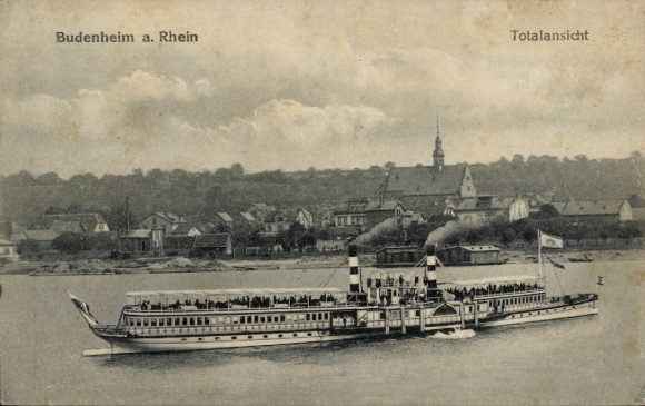 Ak Budenheim am Rhein, algemeen beeld, stoomschip