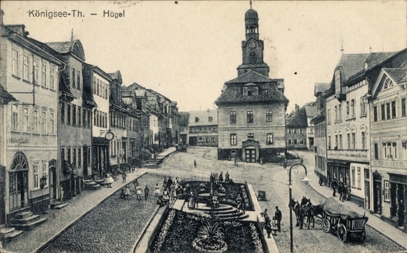 Postcard Königsee in Thuringia, hill, town hall, square, shops
