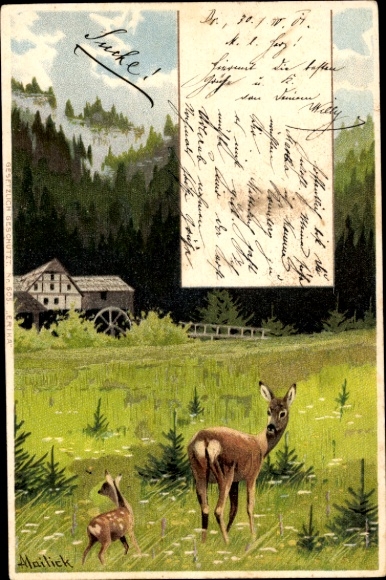 Artist Chromo-Litho Mailick, Deer with fawn, watermill