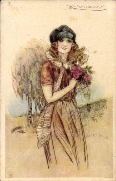 Artist Postcard Mauzan, woman portrait, flowers