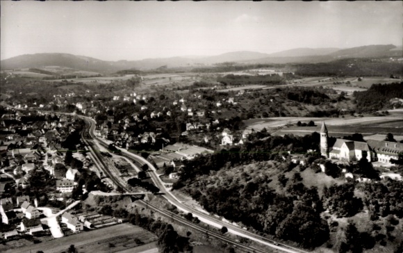 Postcard Lorch in Rheingau Hesse, aerial photograph, city view, church, road layout, green areas