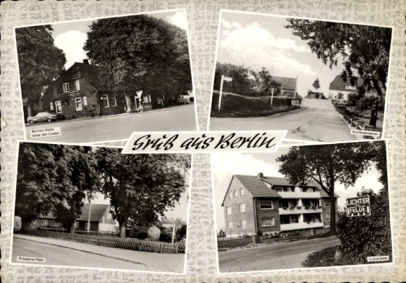 Postcard Berlin Seedorf in Schleswig Holstein, restaurant Berliner Mühle, street names, Potsdamer Platz
