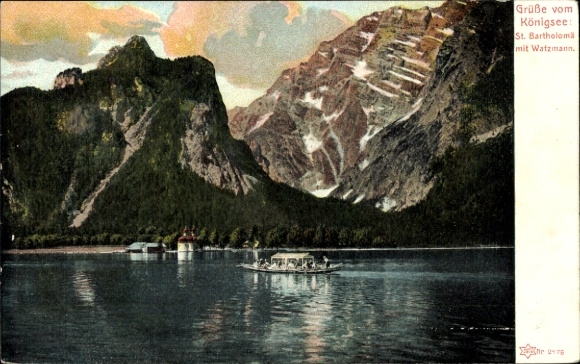Postcard Königsee Königssee Upper Bavaria, landscape with lake, Watzmann mountain, historic buildings, boat...