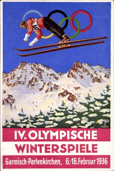Artist Postcard Garmisch Partenkirchen in Upper Bavaria, Olympic Winter Games 1936, Ski Jumping