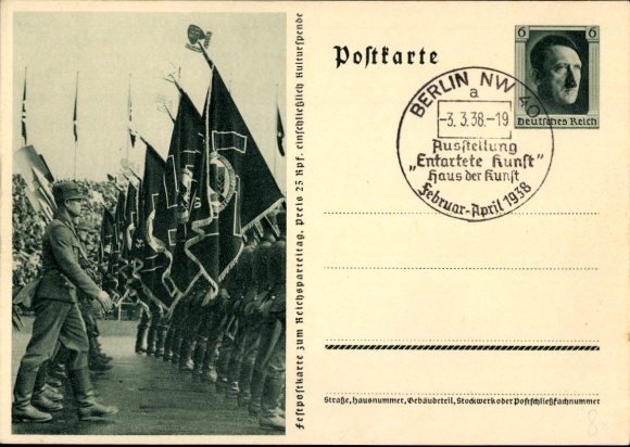 Postal stationery Postcard Nuremberg, Reich Party Rally 1937, Reich Labor Service, workers, RAD march