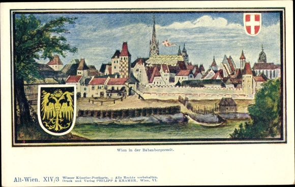 Coat of arms artist PC Wilt, H., Vienna 1. Inner city Austria, city view in the Babenberg period