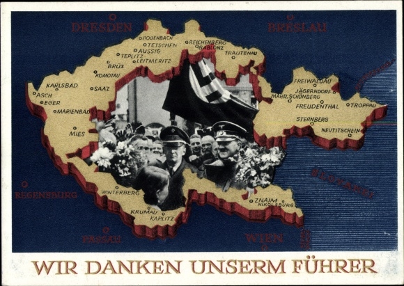 Postal stationery Postcard We thank our leader, Sudetenland, Bohemia, Moravia, Hitler