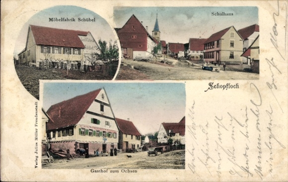 Ak Schopfloch im Schwarzwald, Schulhaus, Gasthof zum Ochsen, Möbelfabrik Schübel
