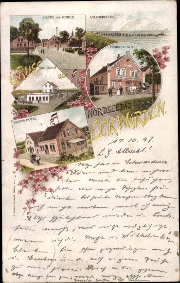 Chromo-Litho Eckwarden Butjadingen, Eiler&#39;s Hotel, Hinrichs Hotel, Church, School, Kurhaus