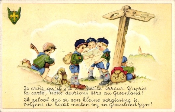 Ak Akuliarusersuaq Grönland, Drei Pfadfinder schauen auf eine Karte. Im Hintergrund ist ein We...
