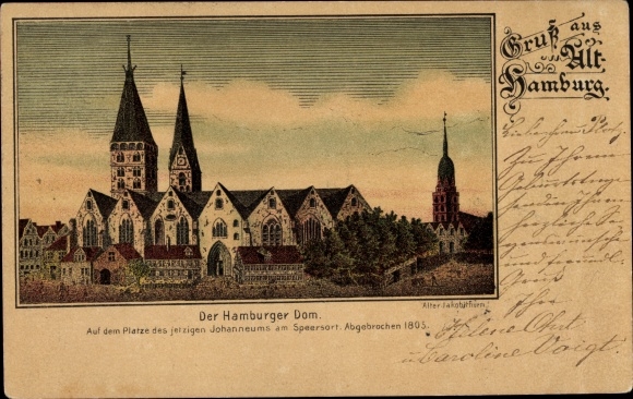 Chromo-Litho Hamburg, Cathedral, on the site of the current Johanneum at Speersort, demolished in 1803