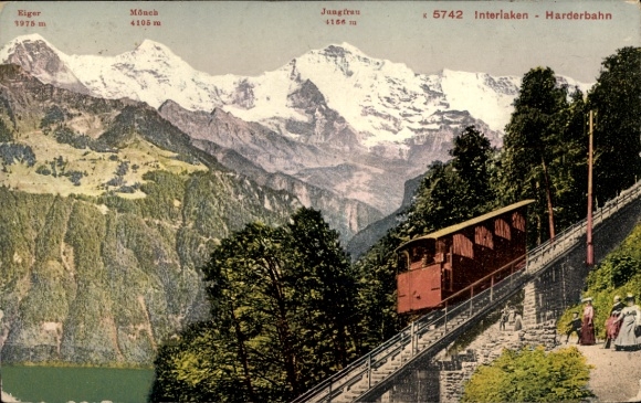 KP Interlaken Kt. Berno Szwajcaria, Harderbahn, kolejka linowo-terenowa, Eiger, Mönch, Jungfrau