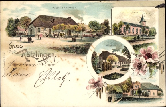 Chromo-Litho Rätzlingen in Lower Saxony, Rieckmann inn, rectory, church, school