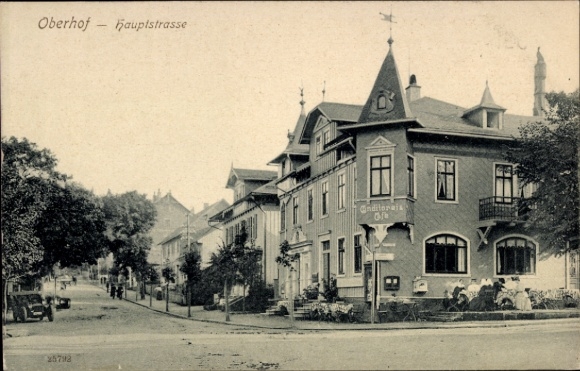 Postcard Oberhof in the Thuringian Forest, main street, buildings, trees, architecture