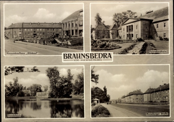 Ak Braunsbedra in de Saalekreis, warenhuis Glückauf, huis na het werk, gondelvijver, Merseburger S