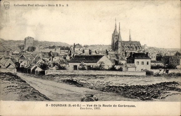 Ak Dourdan Essonne, Blick auf  Route de Corbreuse, Kirche, Hügel, Häuser