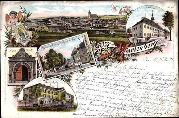 Chromo-Litho Marienberg in the Erzgebirge of Saxony, town hall portal, Zschopauer Tor, new school
