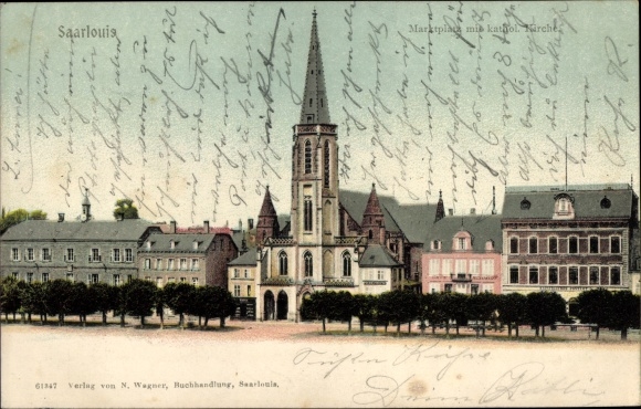 Postcard Saarlouis in Saarland, market square with church