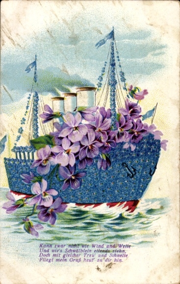 Embossed PC steamship made of forget-me-nots, violets