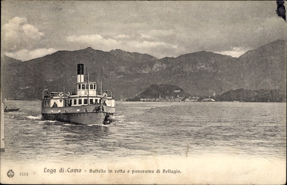 KP Bellagio Lago di Como Lombardia, Battello in rotta e panorama, saloon parowiec