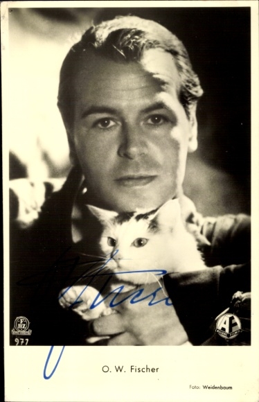 Autograph card and letter actor OW Fischer, portrait with house cat, autograph