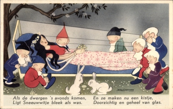Artist Postcard Schermele, Willy, Snow White and the Seven Dwarfs, glass coffin, rabbits