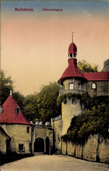 Postcard Rochsburg Lunzenau in Saxony, castle entrance, red roofs, green trees