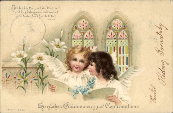 Chromo-Litho Congratulations Confirmation, Two Angels with Hymn Book in the Church