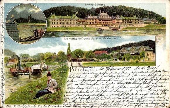 litho Dresden Pillnitz, Koninklijk Paleis, Stoombootlandingsplaats