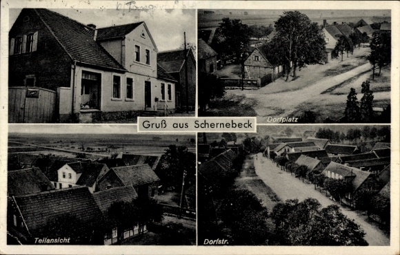Postcard Schernebeck Tangerhütte in the Altmark, Hermann Dahms Inn, village square, village street