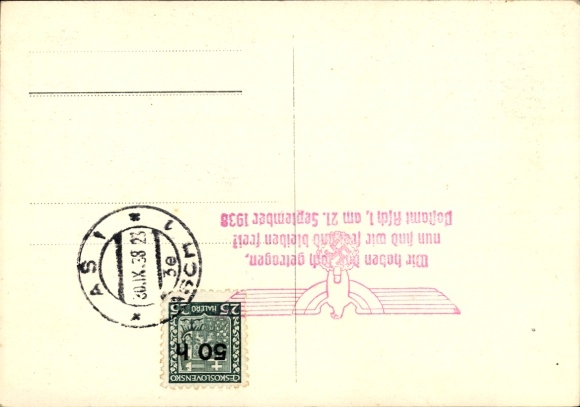 Postcard We did it, Asch is free, 21.09.1938, Sudetenland, Greater Germany