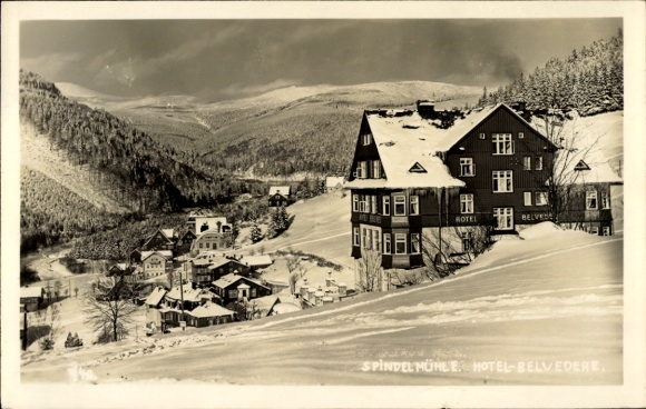 Ak Spindleruv Mlýn Spindlermühle Spindelmühle Riesengebirge Region Königgrätz, Hotel Belvedere, B