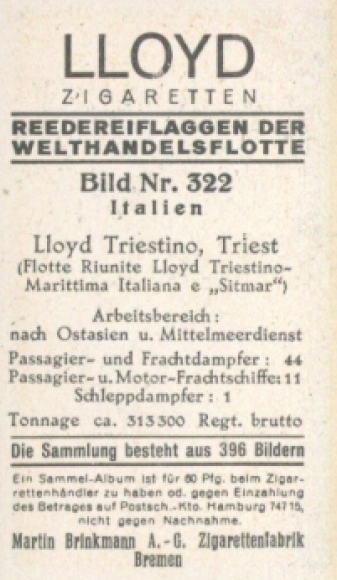 Verzamelfoto rederijvlaggen van de wereldkoopvaardijvloot nr. 322, Lloyd Triestino, Triëst