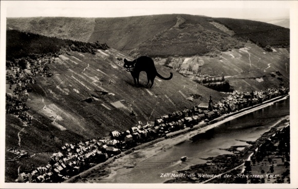 Ak Zell an der Mosel, landschap met katachtige schaduwen op wijngaard, Moezel tussen heuvels