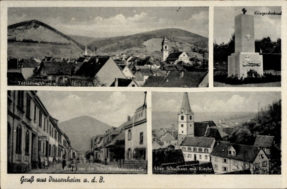 Postcard Dossenheim an der Bergstraße Baden, old schoolhouse, church, war memorial, Schwabenheimerstr.
