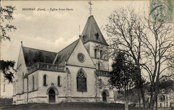 Postcard Brionne Eure, Église Saint-Denis, s building image, trees in the foreground