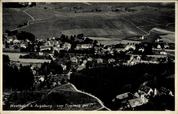 Postcard Westheim near Augsburg Neusäß in Swabia, aerial view of Westheim, houses, fields, forest