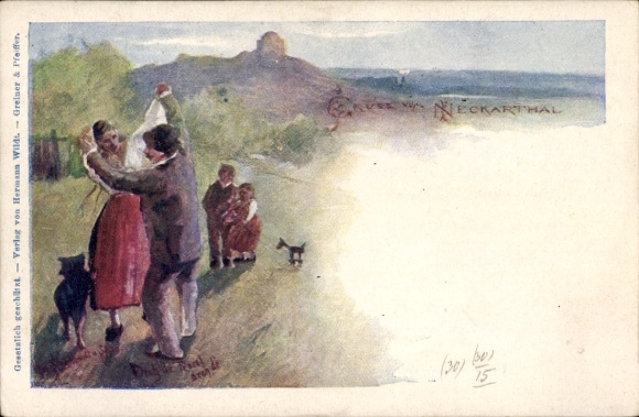 Postal stationery artist PC Dancing couple in the Neckar valley