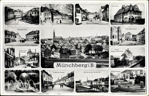 Ak Münchberg in Oberfranken Beieren, Bahnhofstrasse, Ludwigstrasse, stadspark, gymnasium